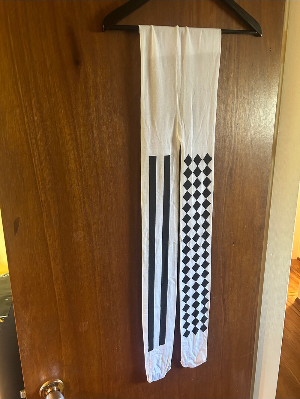 SHEIN White Leggings with Black Stripes & Checker Panels